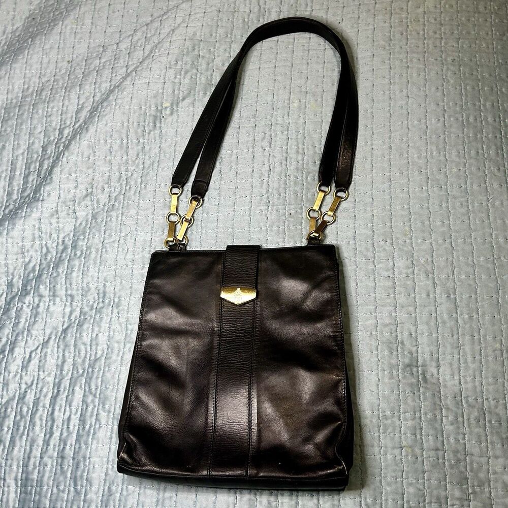 Mark Cross Black Leather Messenger Bag, Gold Tone Hardware, Classic, Preppy